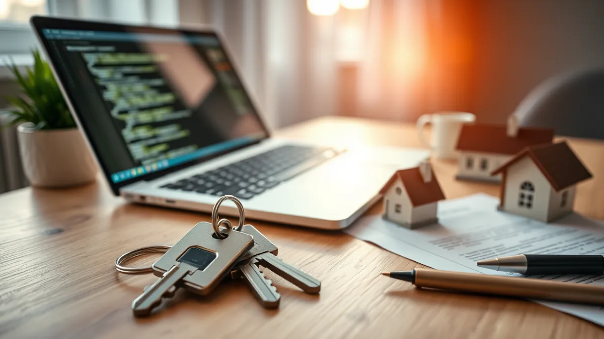 Klucze do mieszkania, umowa kredytowa i laptop programisty na biurku – kredyt hipoteczny na B2B